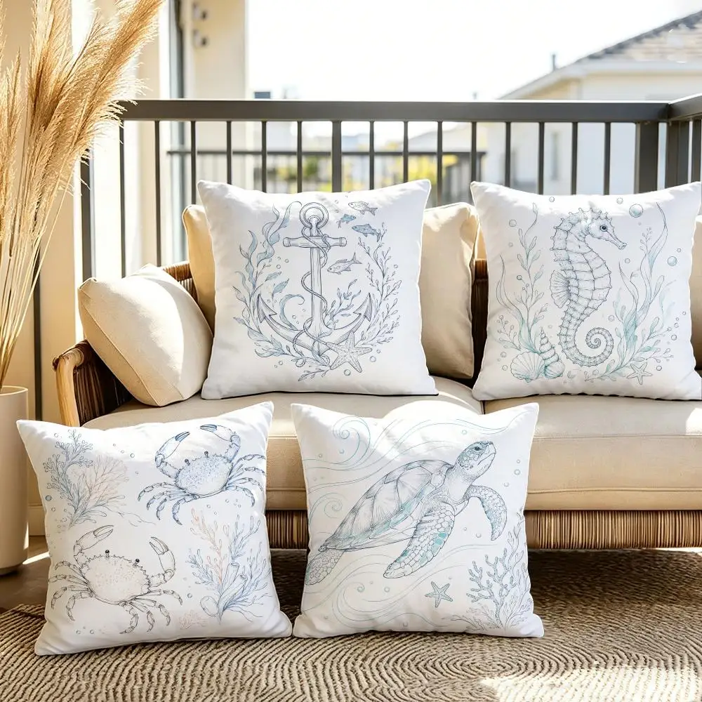 Ocean Seahorse Jellyfish Animals Cushion Cover Soft Short Plush Throw Pillow Cover Cushion Case for Sofa Bedroom Home Decor Gift