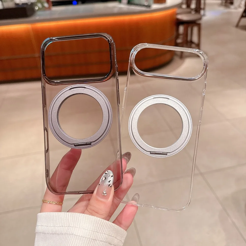 Coque de protection antichoc avec airbag de sécurité pour iPhone 17 Pro Max, 15, 16 Plus, dos transparent, métal 360 °   Support rotatif