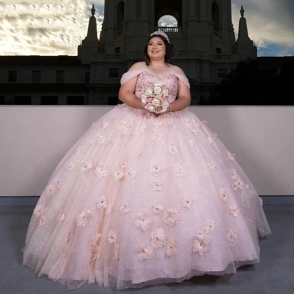 Lorencia-vestido De quinceañera con flores en 3D, traje De baile con purpurina rosa, apliques De capa, cuentas De encaje, 15 Años, YQD570