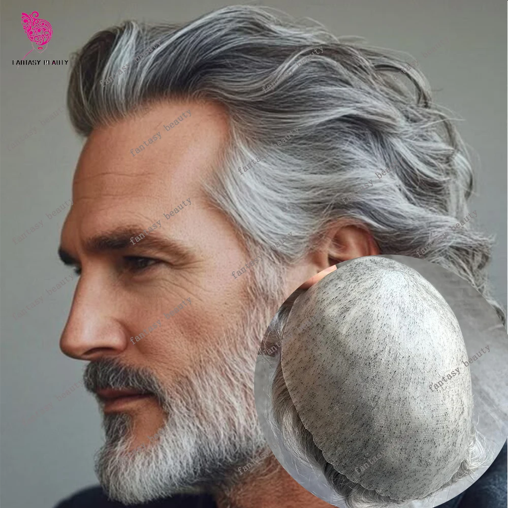 6inch 30mm Wave Mens Human Hair Toupee Natural Hairline 1b65 Gray Hair Soft Top Quality Poly Skin Hairpiece Capillary Prosthesis