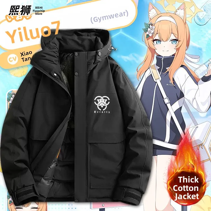 

Thiened Blue Cosplay Coat for Students Winter Long Sve Hooded Warm Polyester Fiber Casual Daily Wear Cartoon Print Zipper