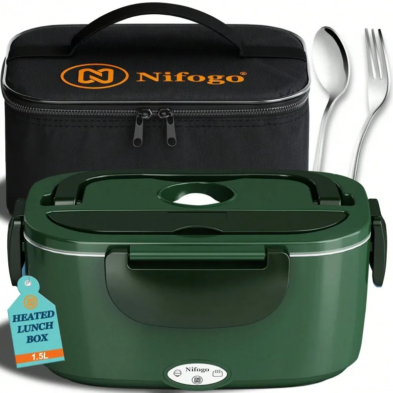 100W Electric Heating Lunch Box, 2 in 1 Car & Home Use Portable Food Warmer Heater with 304 Stainless Steel Container, Leakproof Thermal Lunch Container with Insulated Carry Bag for Office Travel