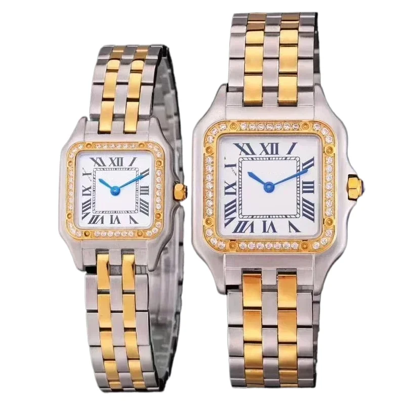 فاخر رجل إمرأة كوارتز الذهب الأصفر الماس الحافة الفولاذ المقاوم للصدأ الفضة روما النمر الأبيض الياقوت حسب الطلب #2