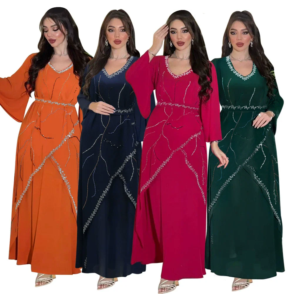 Diamond Eid Party Dress for Women Abaya Dubai Muslim Chiffon Long Caftan Robe Jalabiya Ramadan Dubai Kaftan Vestidos Largos