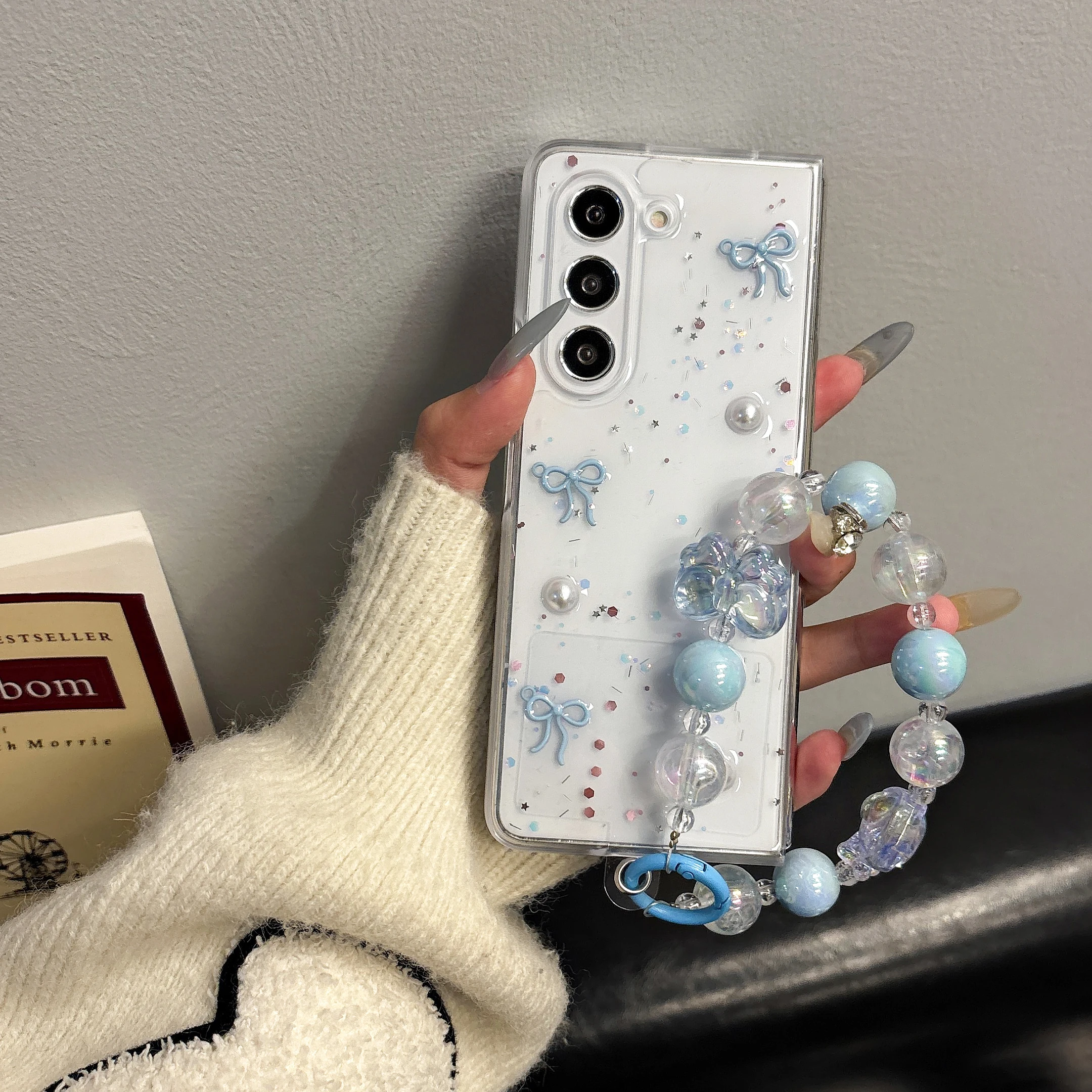

Back Cover For Samsung Galaxy Z Fold 7 6 5 4 Case 3D Pearls Blue Bowknot with Bracelet Chain Shockproof Phone Case