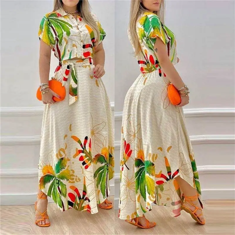 

Faionable Floral Print Dr Set New Arrival Tee-piece Women's Summer Outfit Batwing Sve Tee-quarter Length