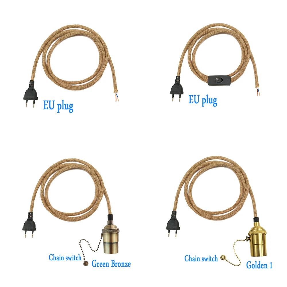Przewody zasilane Retro liny konopne Twiste 2m 3m wtyczka ue z E26 E27 stara lampa uchwyt żarówki do dekoracji światła wiszące