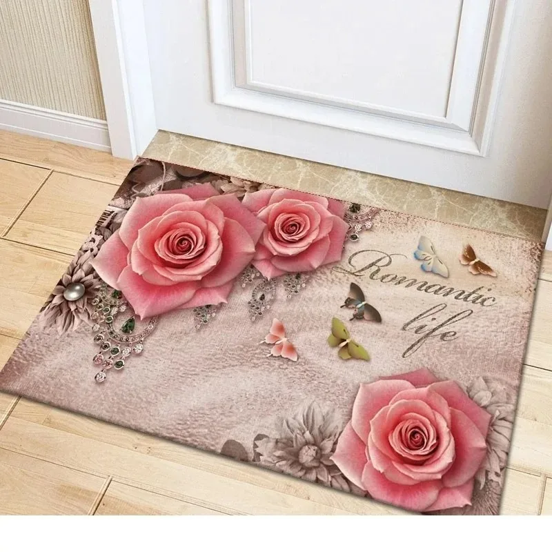 Butterfly rose flower print carpet home decoration corridor bedroom entrance entrance foot mat bathroom absorbent floor mat