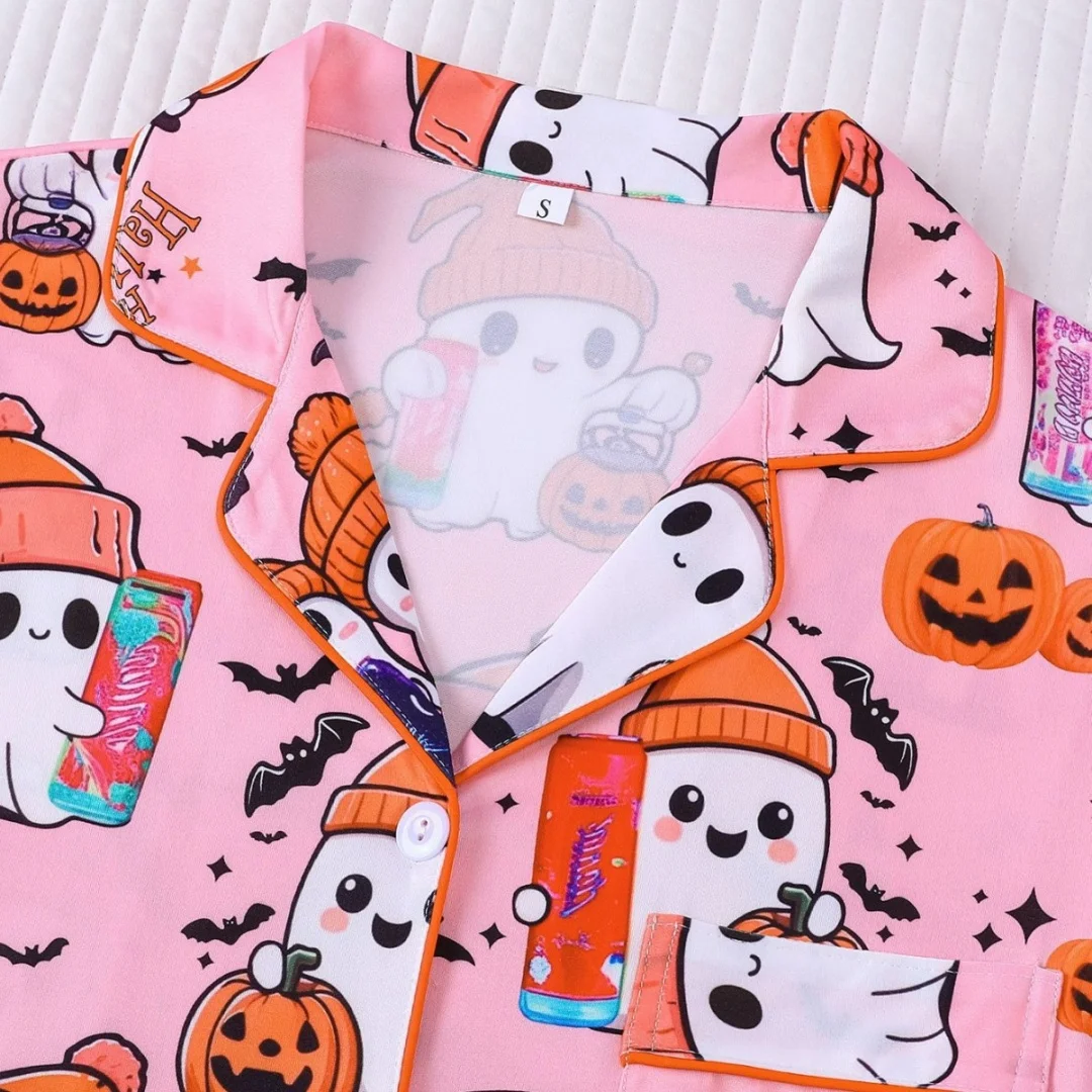 Women's Pajamas Set Pink Pumpkin Ghost Print Loungewear Home Wear with Lapels Short Sleeves and Shorts Pants Halloween Gifts