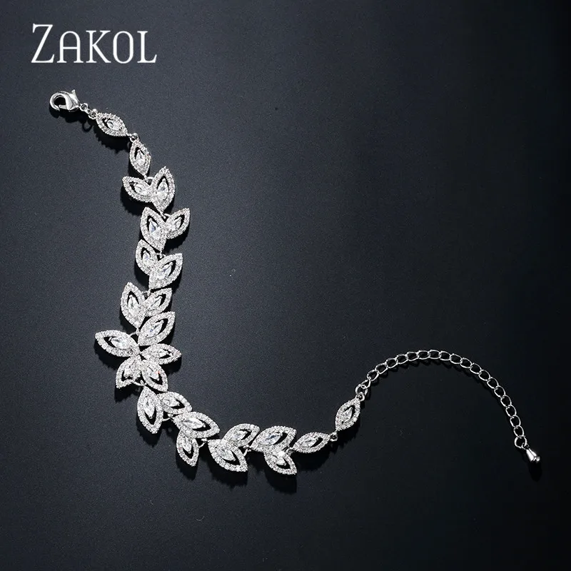 ZAKOL Fashion Zirconia Flower Charm Bracelets for Women Micro Paved Leaf Bracelet Bridal Wedding Party Jewelry