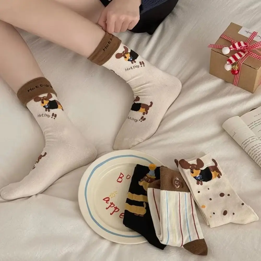 4 Pairs Cartoon Puppy Mid Calf Socks Embroidered Breathable Kawaii Striped Socks Puppy Pattern Soft Fabric Stacked Long Socks
