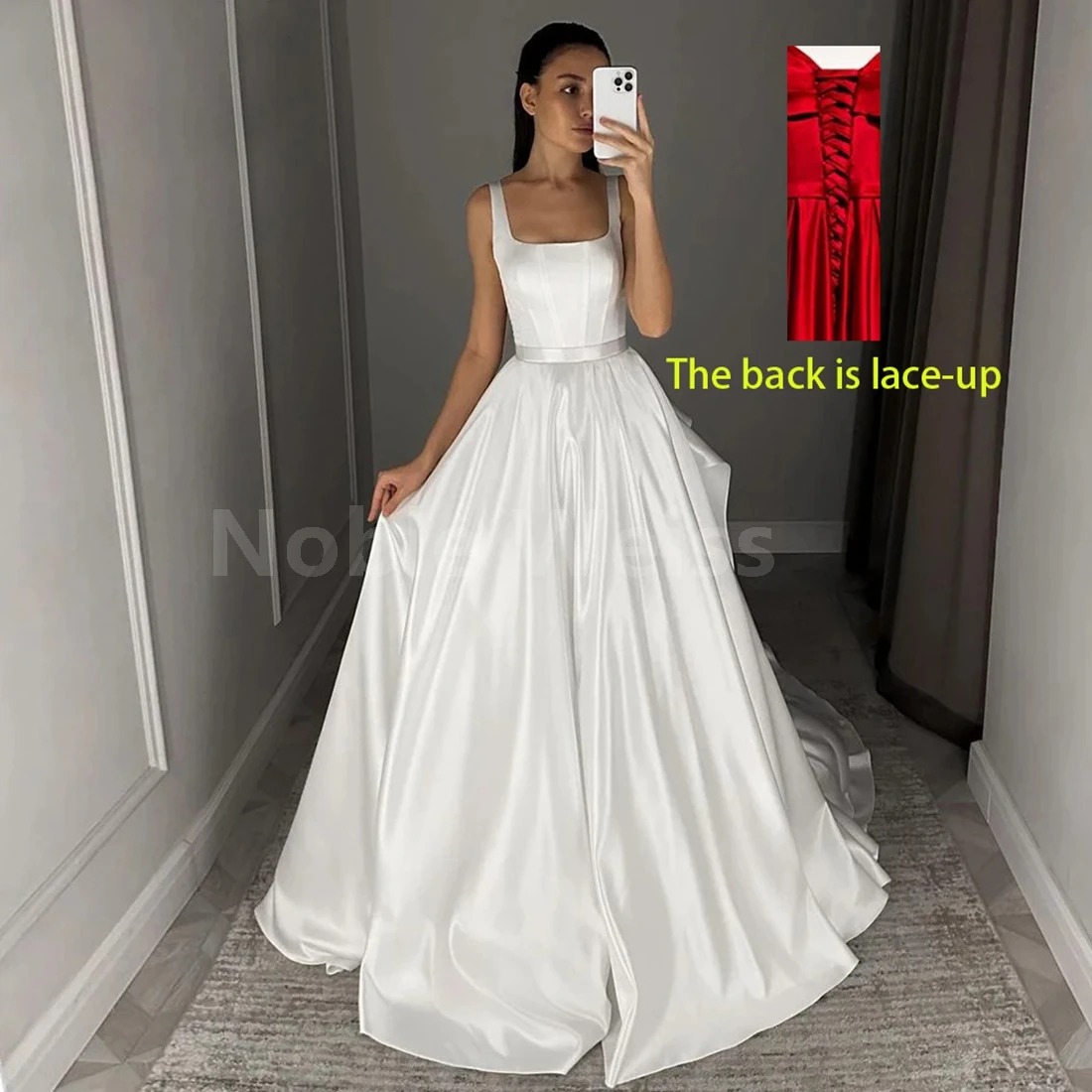 Elegant Sweep Train Wedding Dresses for Women Bridal Square Collar Satin Sleeveless Dress Customized