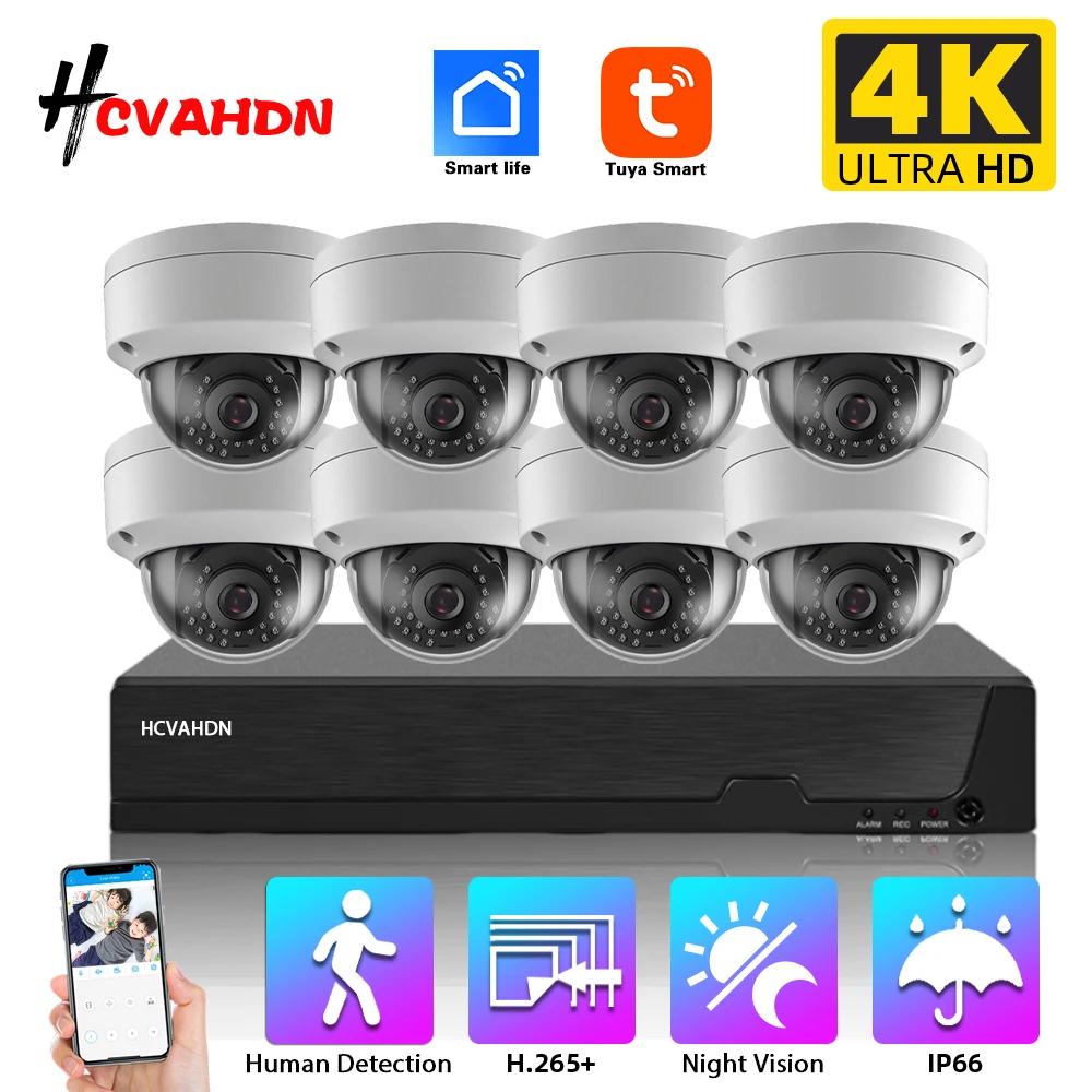 

Tuya H.265 4K Ultra HD CCTV Video Surveillance Kit 8MP 8CH POE NVR Kit Outdoor Waterproof POE IP Dome Security Camera System Set