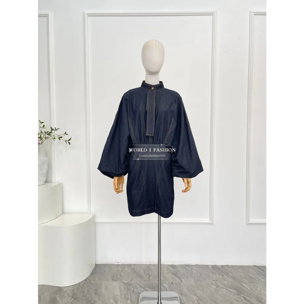

Women's Classic Navy Blue Denim Long Sleeve Mini Dress 2025 New High Quality Cotton