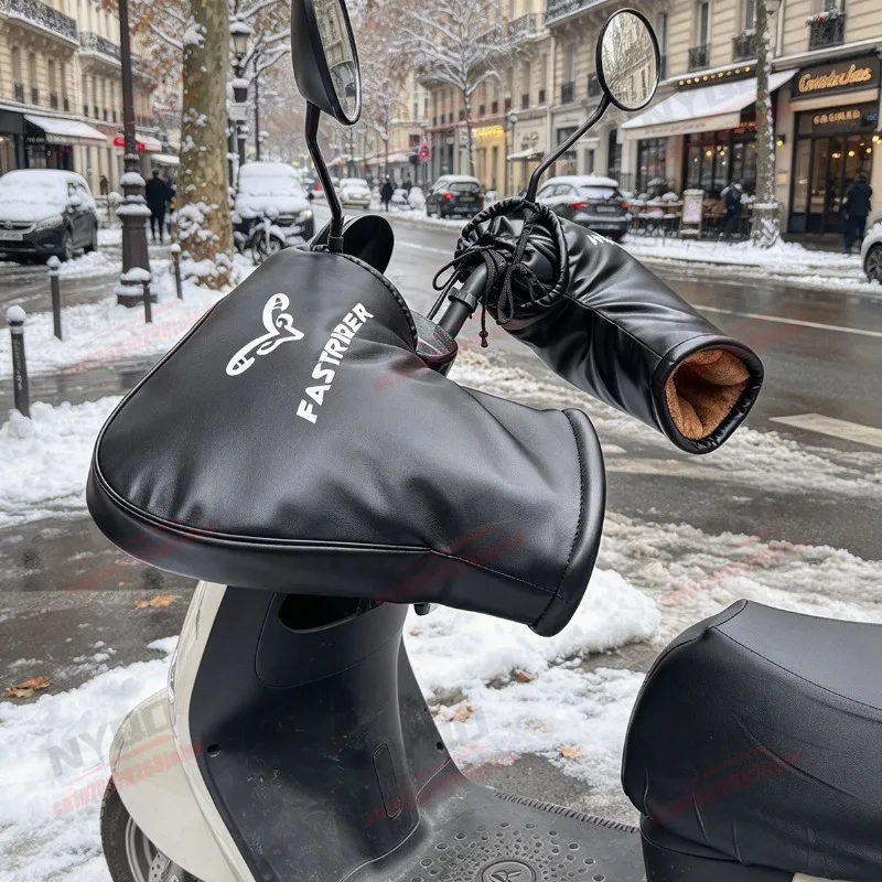 PU Leather Winter Motorcycle & Bike Handlebar Muffs (A Pair), Windproof Waterproof Thick Plush Lined Thermal Hand Covers