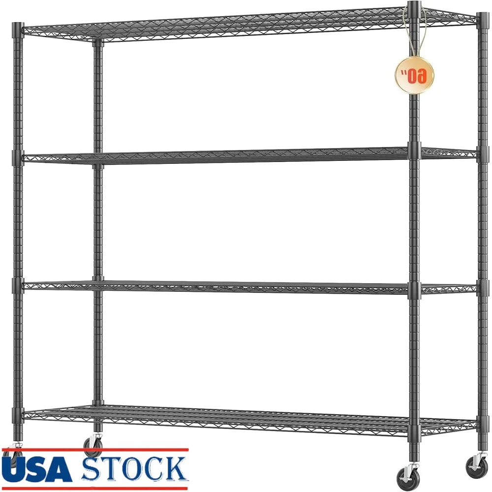 

Heavy Duty 60in Storage Shelves 4 Tier Wire Shelving Unit Adjustable with Wheels Garage Kitchen Warehouse 2400LBS Capacity