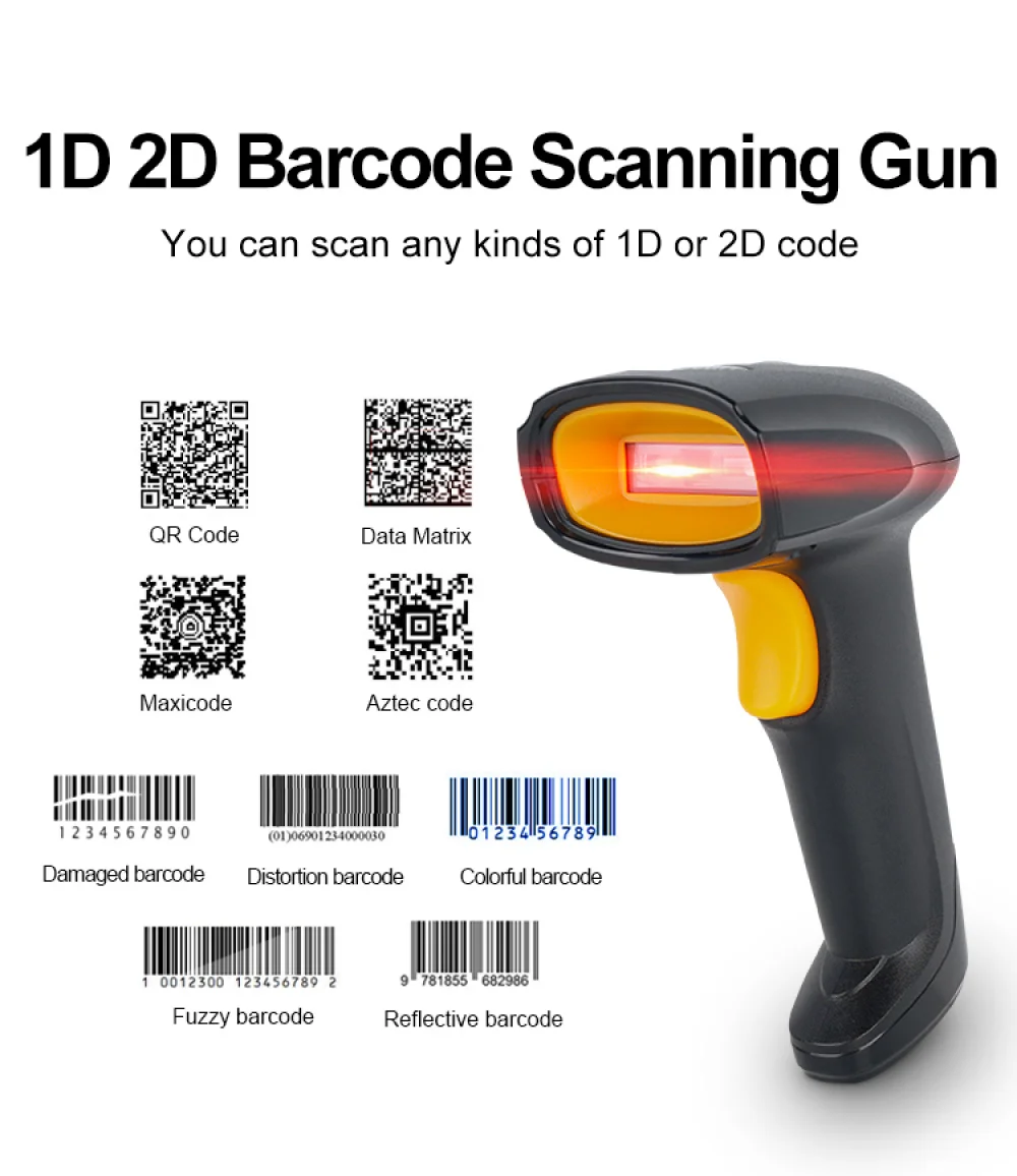 2D QR Barcode Scanner Portable Wired Wireless Bluetooth Bar Code Reader for Supermarket Warehouse Retail Inventory