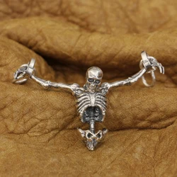 LINSION 925 Sterling Silver Upper Body Skull Pendant Mens Punk Pendant TA373 MZ
