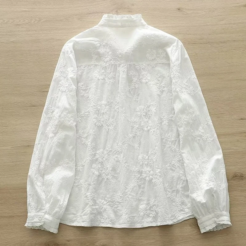 Primavera outono bordado estereoscópico arco camisa roupas femininas algodão branco gola manga comprida camisas e blusas doces u266