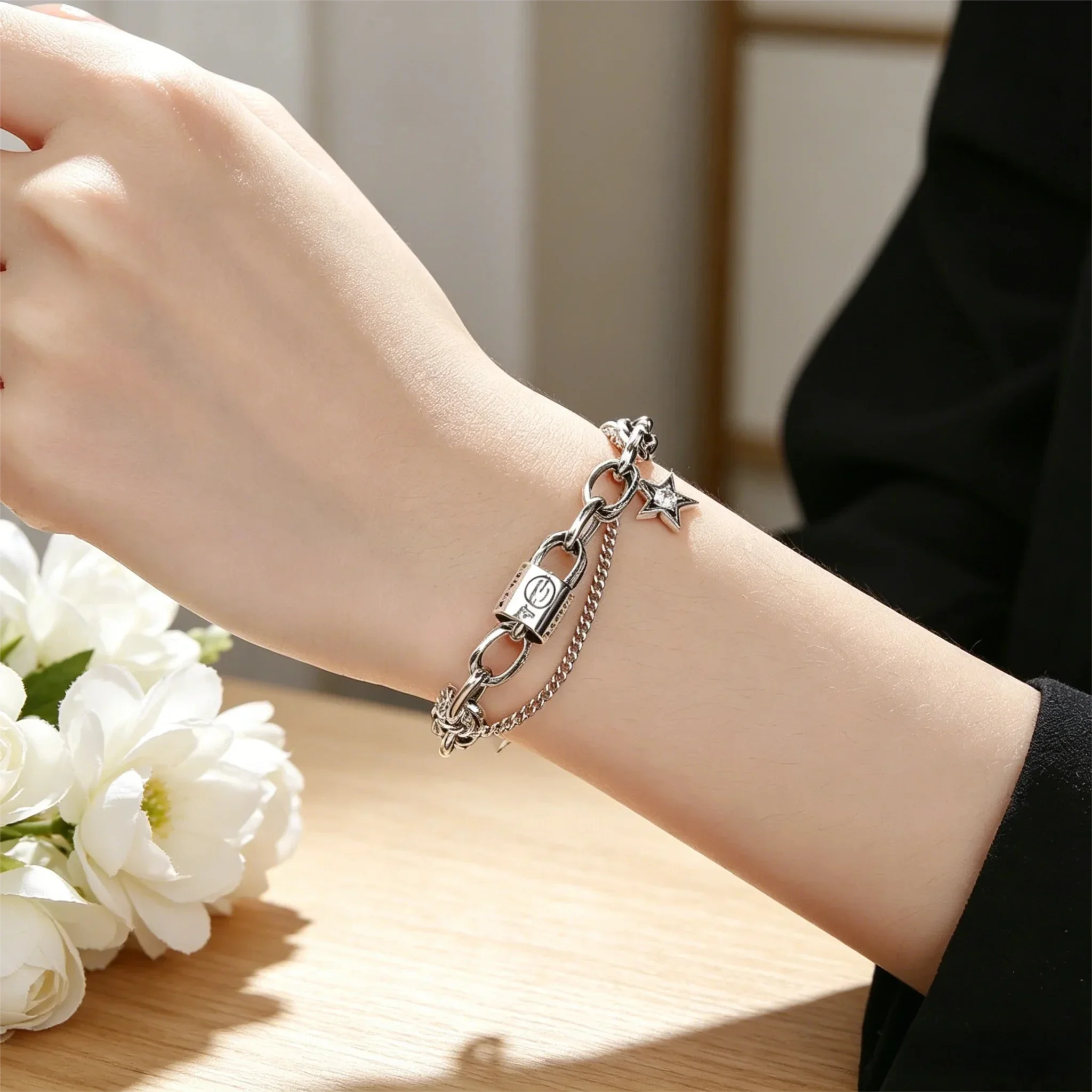 S925 Sterling Silver Hip Hop Chain Bracelet, Vintage Cylinder Bead Star Pendant, Trendy Street Style Jewelry for Women and Men