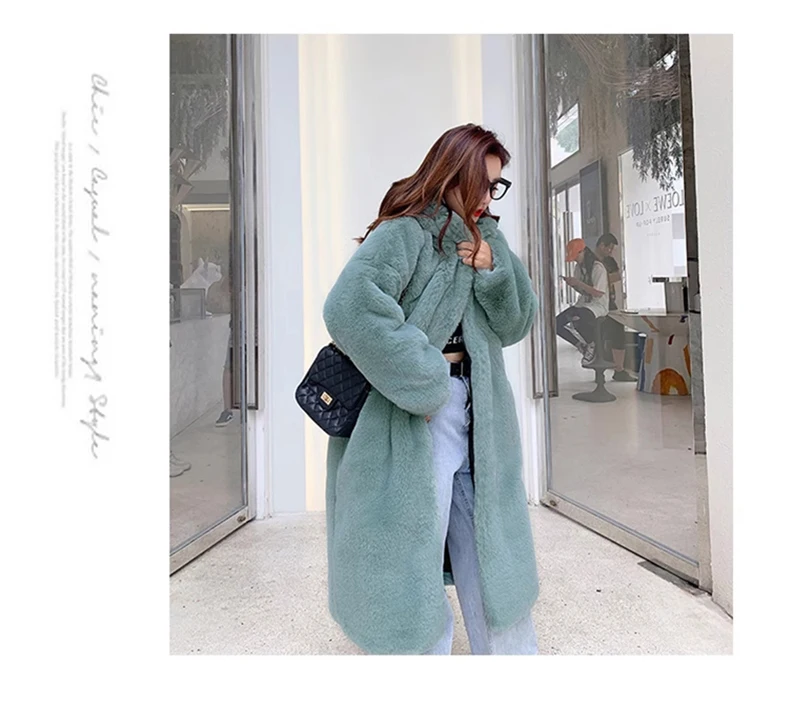 Lautaro Winter Long Loose Casual Windproof Soft Thick Warm Fluffy Green Black Faux Fur Coat Women with Hood Furry Overcoat 2023