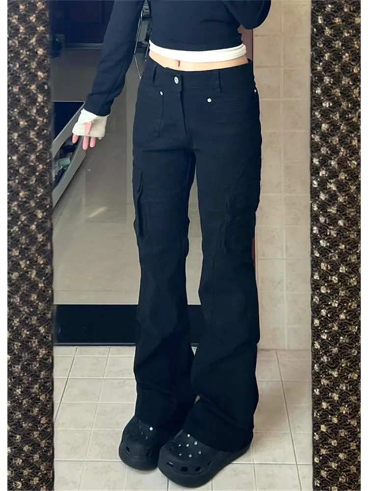 

American Retro Black Workwear Bell Bottom Jeans Women's Spring Autumn Slimming Long Floor Length Pants Low Waist Zipper