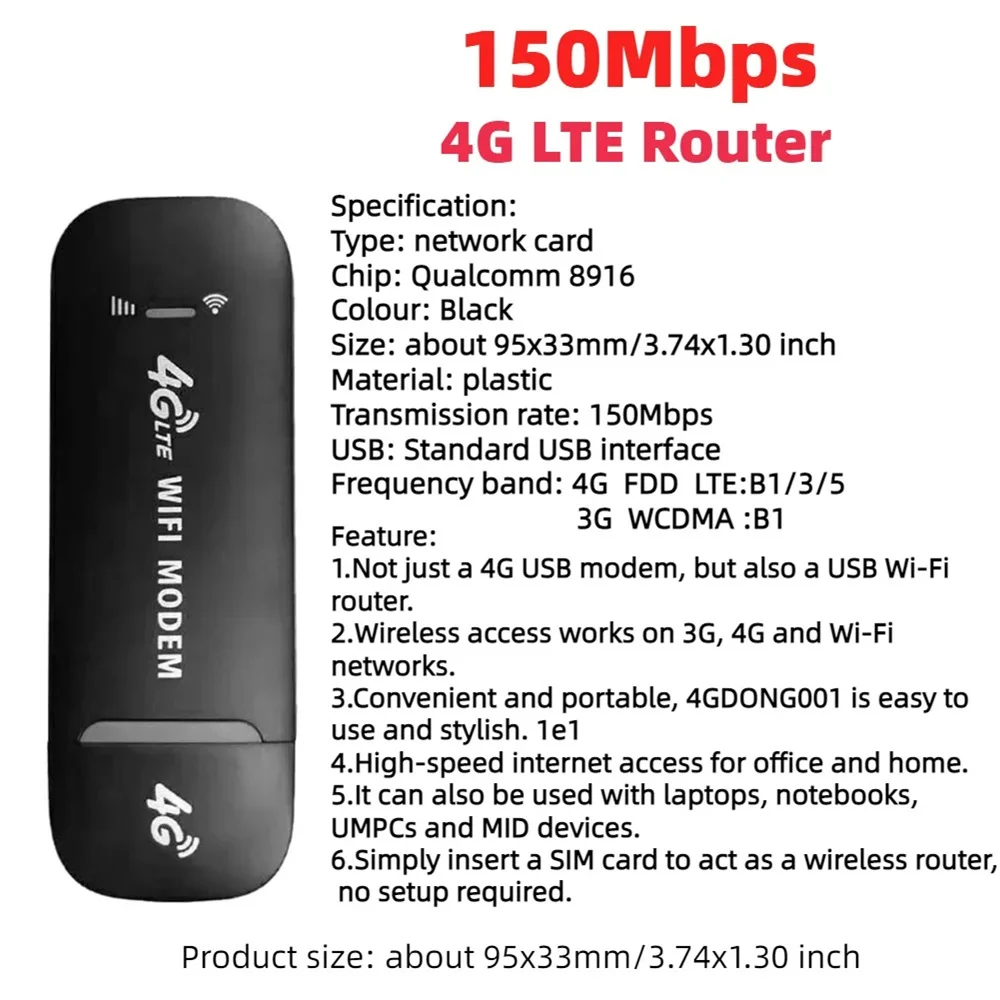 Router WIFI mobile 4G 150Mbps 4G LTE Dongle USB wireless Modem Stick Scheda SIM Hotspot tascabile WiFi a banda larga per Home Office