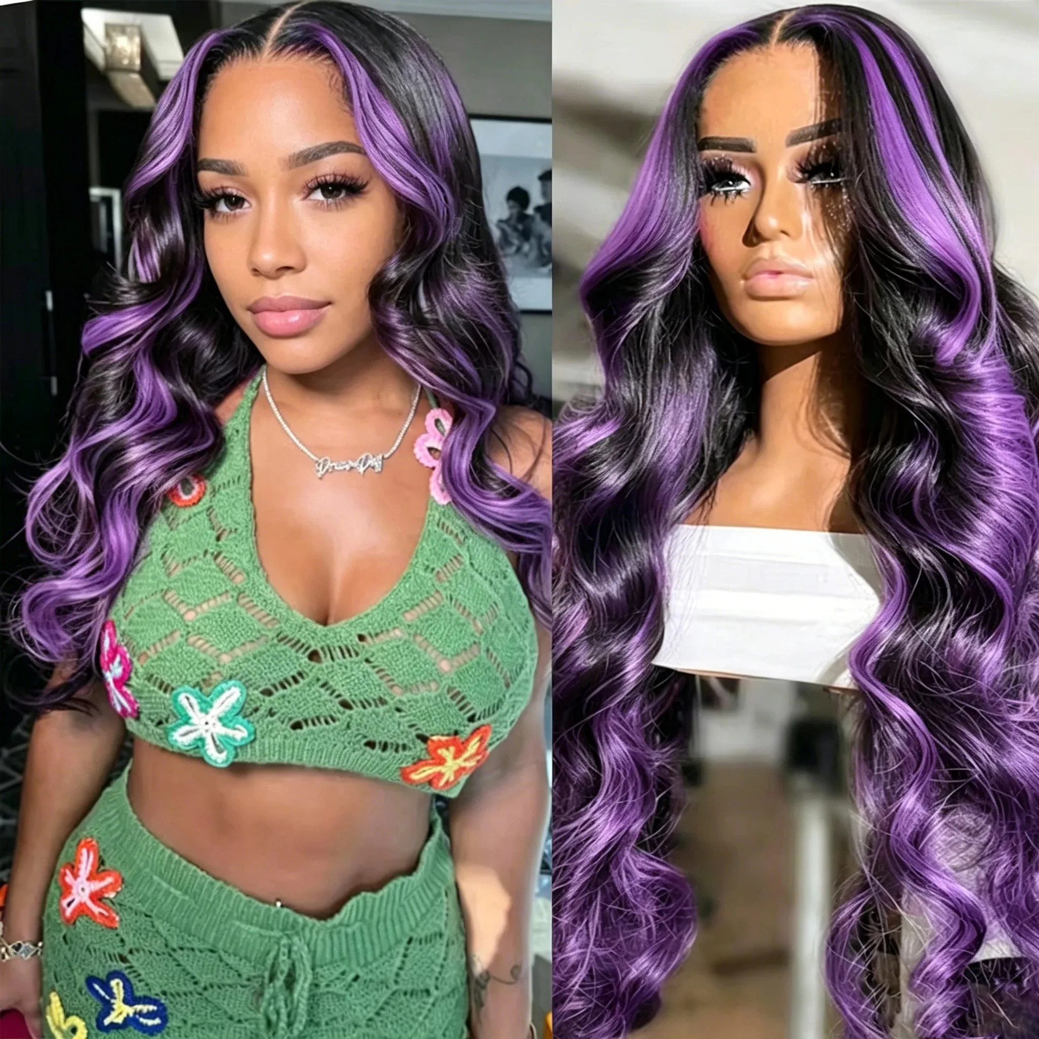 30 Inch 1B/Purple Highlight Body Wave 13x6 HD Lace Front Wig Human Hair Waves Ombre Dark Purple 13x4 Lace Frontal Wigs For Women