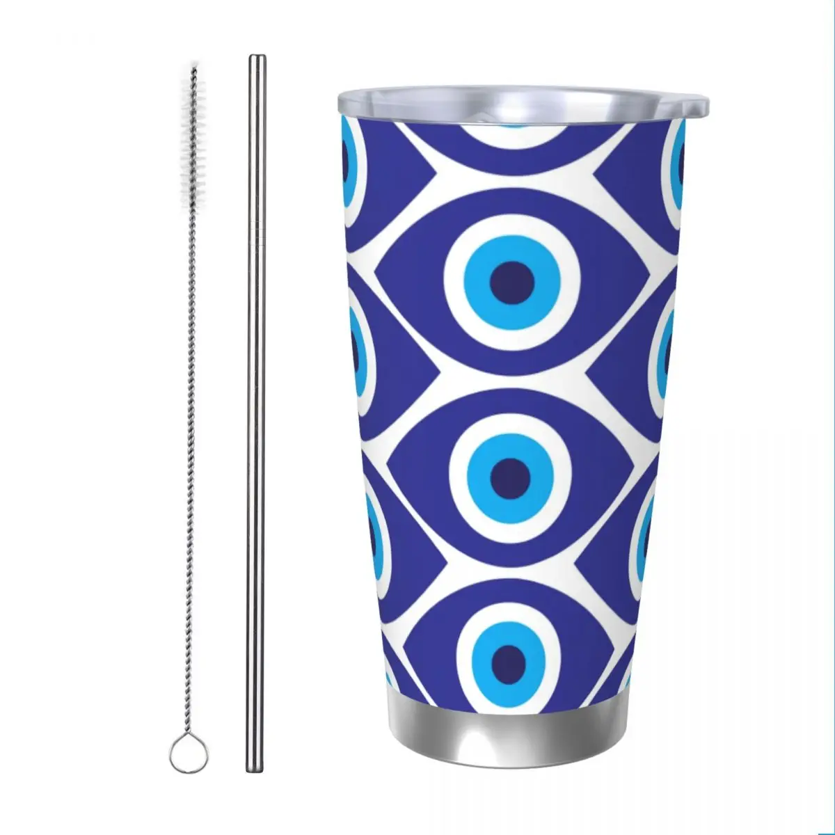 Evil Eye 2 Tumbler Vacuum Insulated Blue Nazar Amulet Boho Thermal Cup with Lid Straw Smoothie Tea Mugs Water Bottle, 20oz