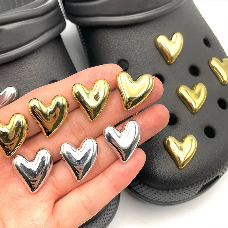 Fashion Heart Gold Silver Shoe Pins Charms For Hole Shoe Cute Badge DIY Garden Shoe Decorations For Womens Sandals Accessories