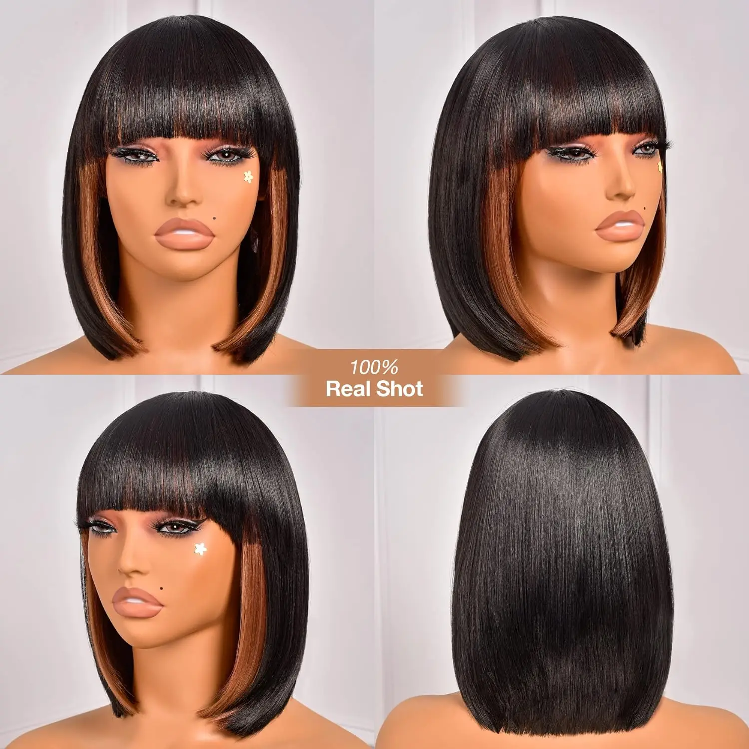 Bob Wig With Bangs - 14 Inch Peek-a-boo Color Short Bob Wig For Black Women Black Mix Brown Daily Costume Wigs, Light  Synthetic