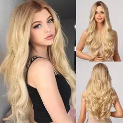 Brown Blonde Ombre Synthetic Wigs Long Curly Wavy Silky Wig Middle Part Cosplay Party Wig Natural Heat Resistant Hairs for Women