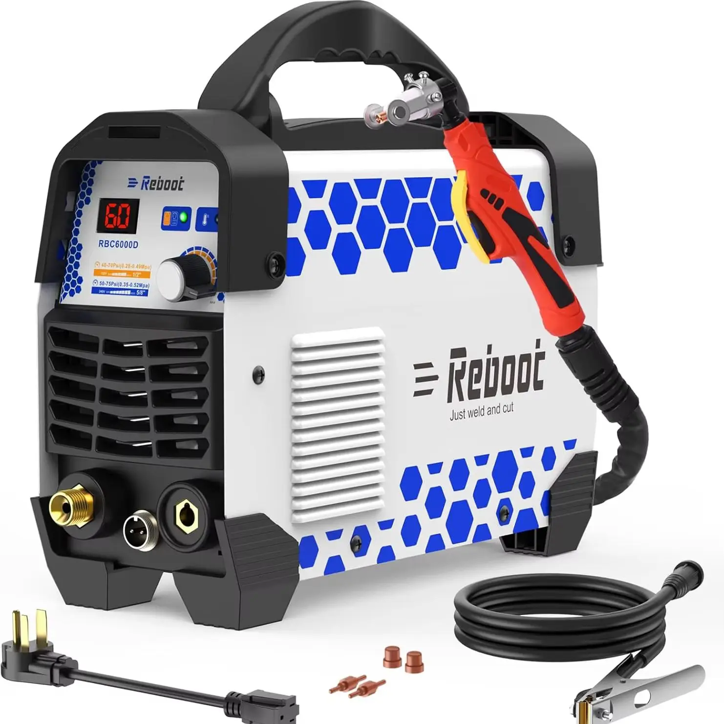 Reboot RBC6000D 60A 120V/240V Dual Voltage Plasma Cutter, 1/2" Clean Cut IGBT, Portable, Pre-Installed Air Regulator,Torch& Tips