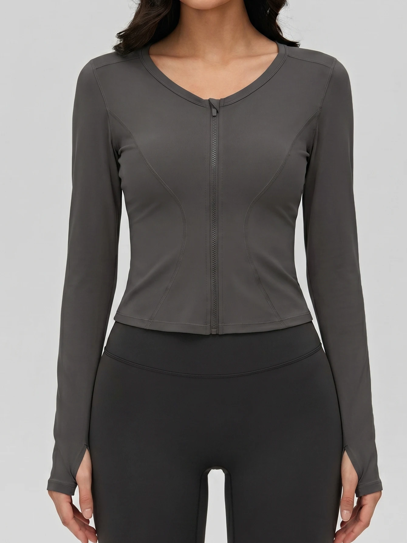 Women's Zip Up Yoga Top with Thumb Holes, Long Sleeve Fitted Workout Shirt, Slim Fit Sports Running Gym Athletic Top