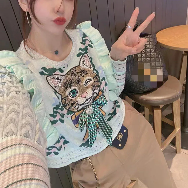 O Neck Short Knitwear Women Sweater Ruffles Loose Cartoon Embroidery Sweater Pullovers Women Long Sleeve Knit Jumper autumn tops