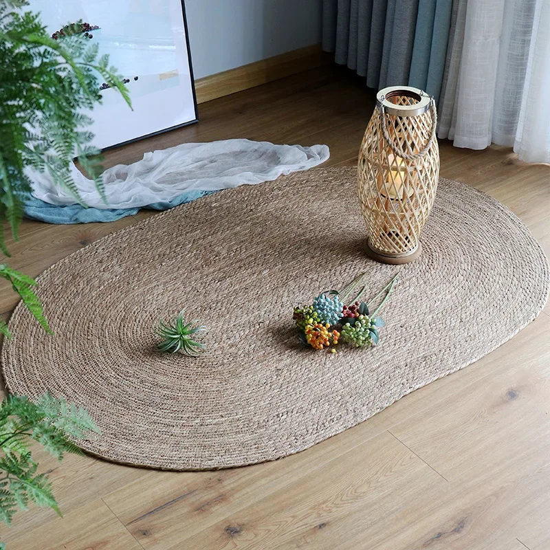 Oval Jute Woven Area Rug Natural Boho Braided Floor Mat with White Stripes, Washable Non-Slip Carpet for Living Room Bedroom