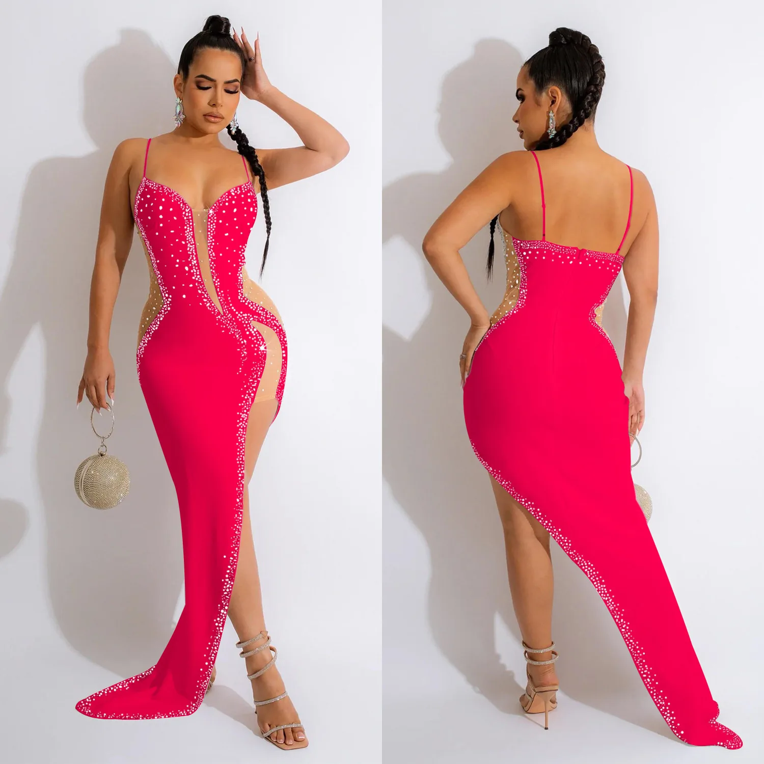 Sexy Perspective Hot Drill Dress Y Cut Out Sleeveless Mesh Maxi Dress Female High Split Party Dress Summer