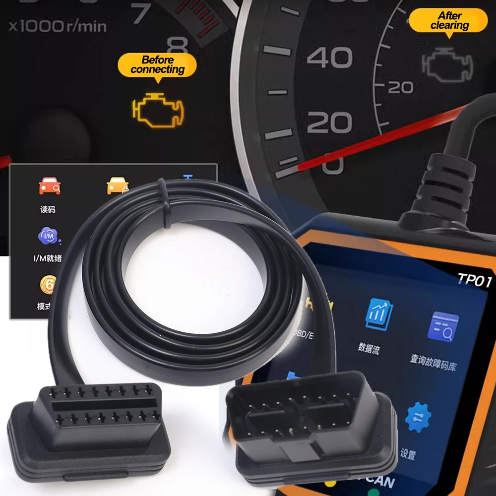 30/60/100CM Flat+Thin As Noodle 16 Pin Socket OBD OBDII 16Pin Male To Female Car Scanner OBD2 Extension Cable Connectors