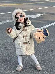 girl coat Childrens 2023 winter Korean style girls lamb wool hooded single-breasted coat double-sided fleece lined cotton coat