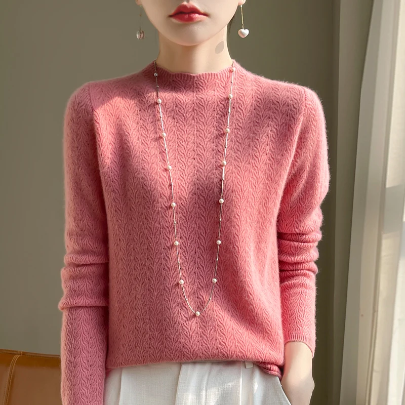 Autumn and winter new 100 pure wool women's semi-turtle neck loose solid color trend knitting bottoming cashmere sweater