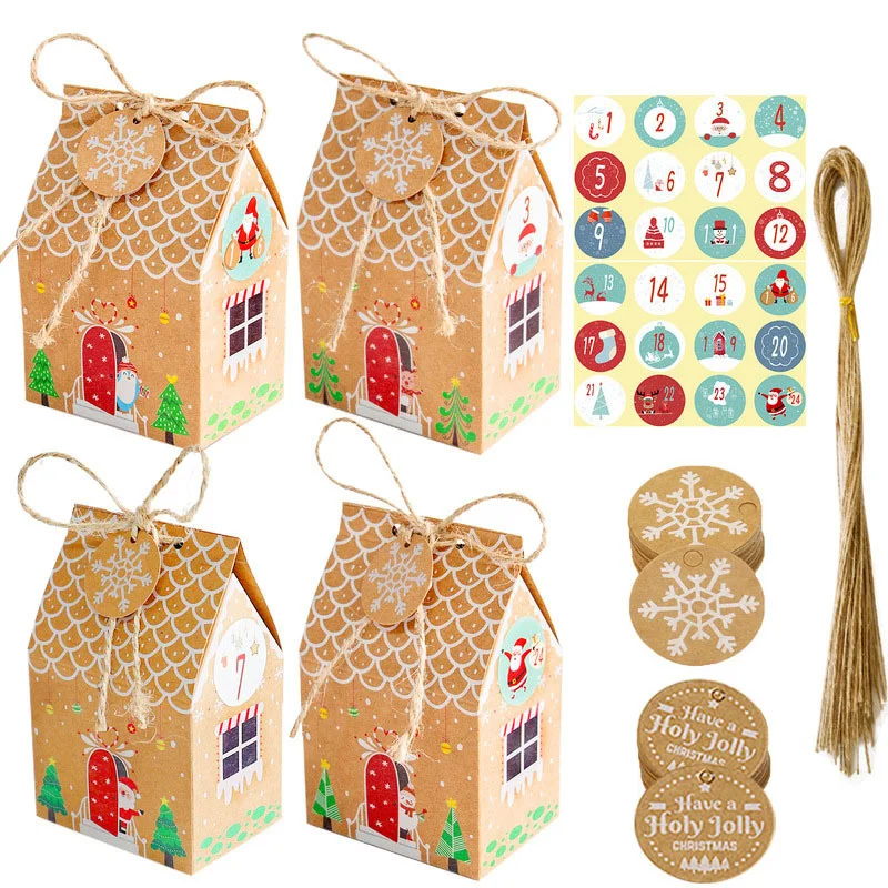 24sets Christmas House Shape Candy Bags Carton Santa Claus Cookies Boxes with 1-24 Advent Calendar Sticker Noel Gifts Supply