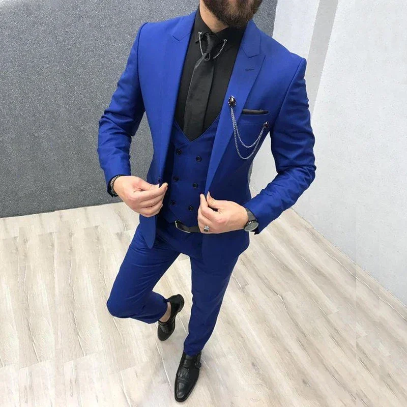 3 Piece Royal Blue Men Suits Peaked Lapel Custom Made Wedding Tuxedos Slim Fit…
