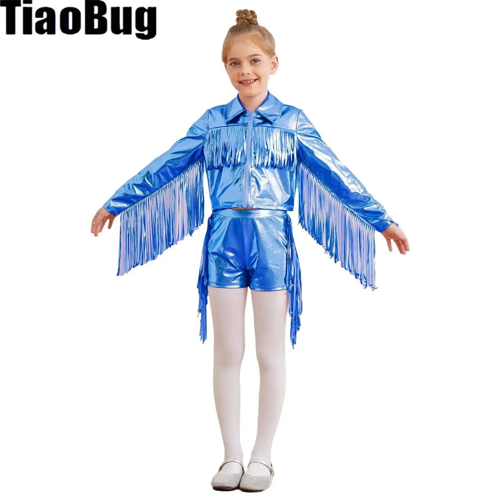 

Kids Girls Tassels Dance Sets Metallic Tops Turn-Down Collar Long Sleeve Zipper Fringe Shiny Jacket with Shorts for Party