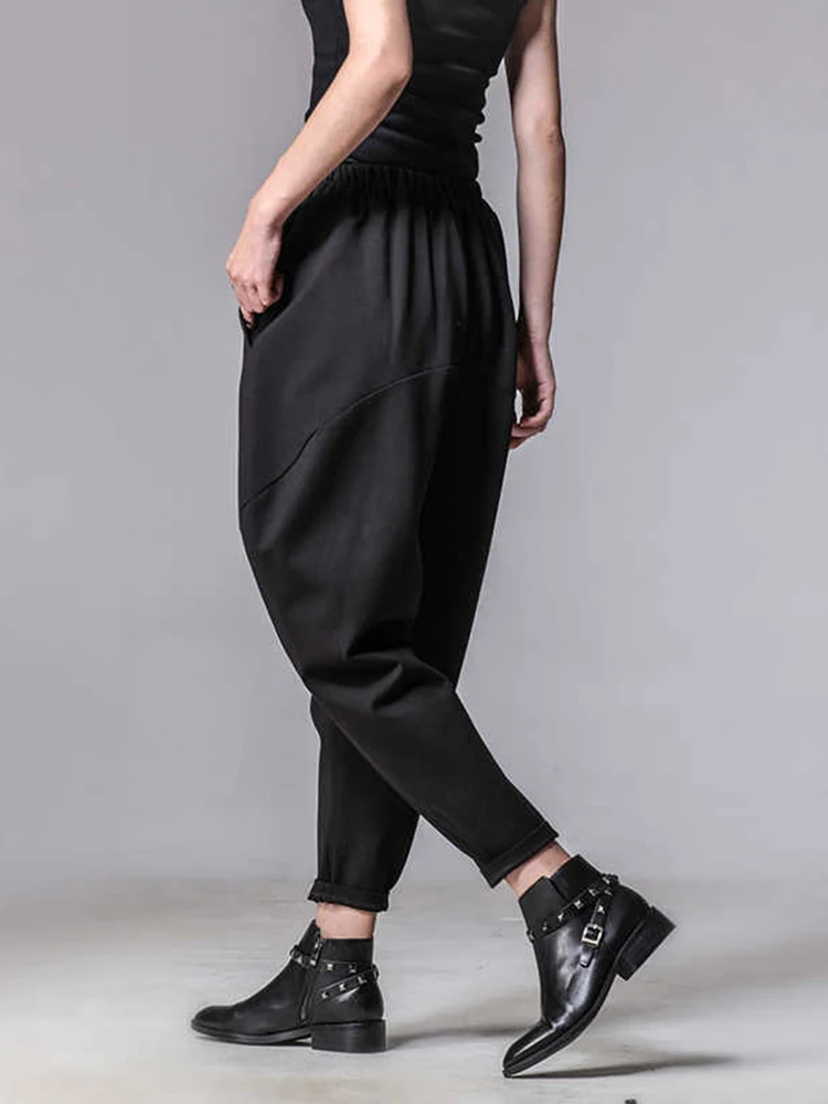 EAM 2026 New Autumn High Elastic Waist Loose Spliced Pleated Harem Pants Women Trousers Fashion Tide All-match JY916