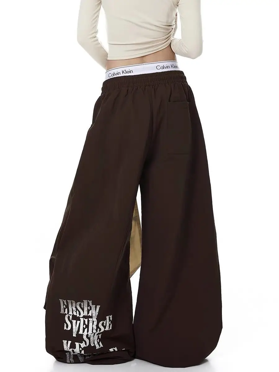 Women's Flame Printed Strap Design Pants Hip-hop Vintage Sports Wide-leg Bottoms High-waisted Trousers Female Summer Sweatpants
