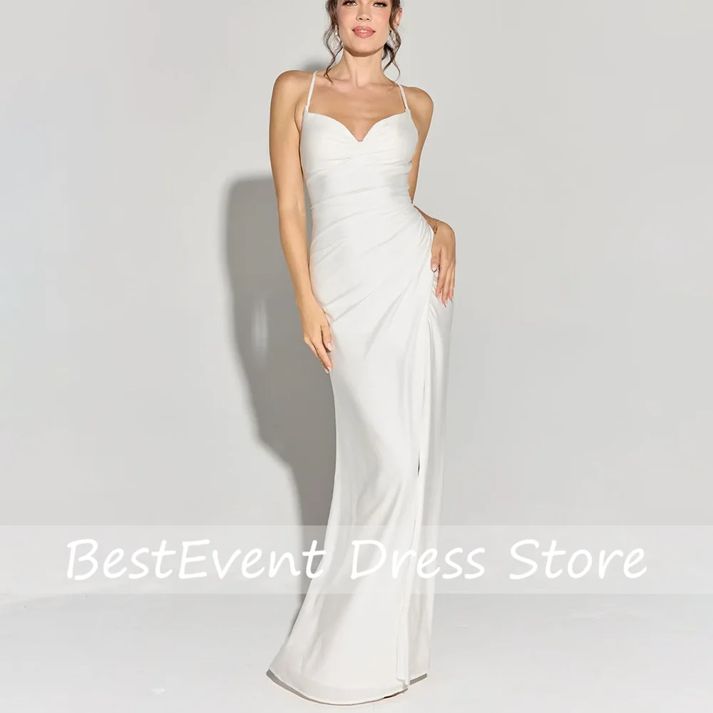 

Bespoke Occasion Spaghetti Straps Sequins Shiny Pleate Bridesmaid Dress Backless Side Slit Floor Length Sheath Evening Gown