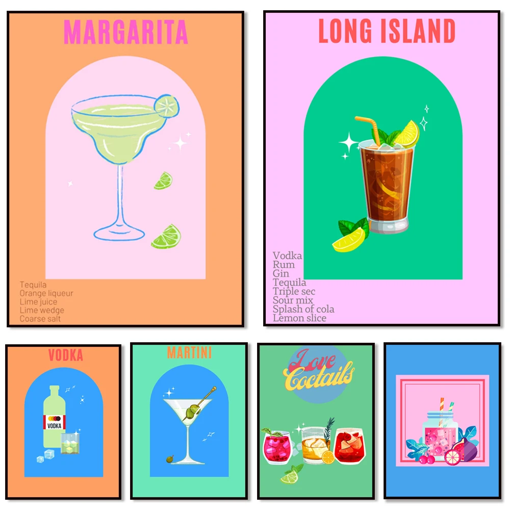 Vintage cocktail poster, cocktail espresso martini, vodka, gin, long island cocktail, colorful summer colorful drink decoration