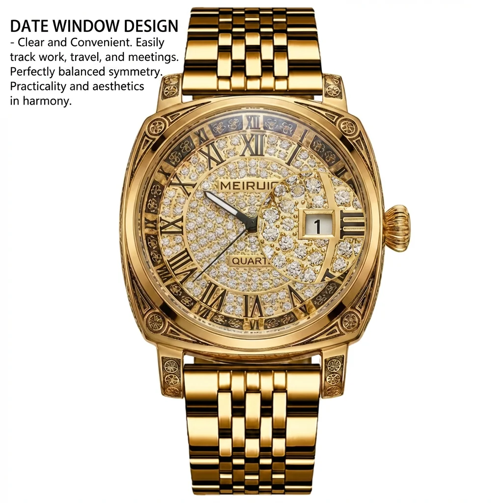 1pcs Trendy Luxury Watch Shiny Dial Roman Numerals Calendar Metal Bracelet Elegant Design Wristwatch For Men And Women Stylish