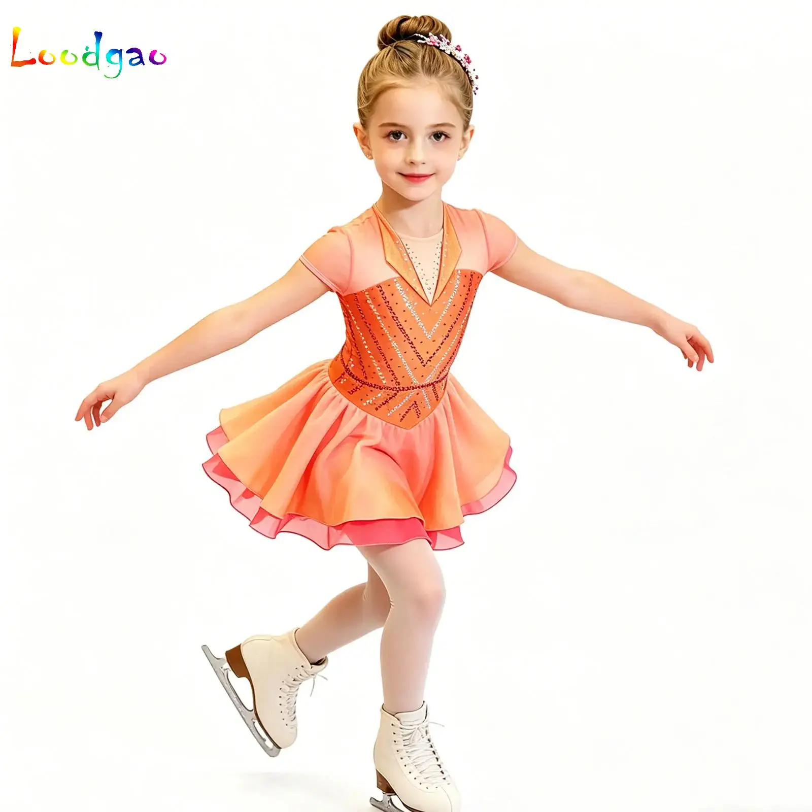 

Kid Girls Shiny Rhinestones Gymnastics Jersey Figure Skating Ballet Lyrical Dance Performance Costume Mesh Skirted Leotard Dress
