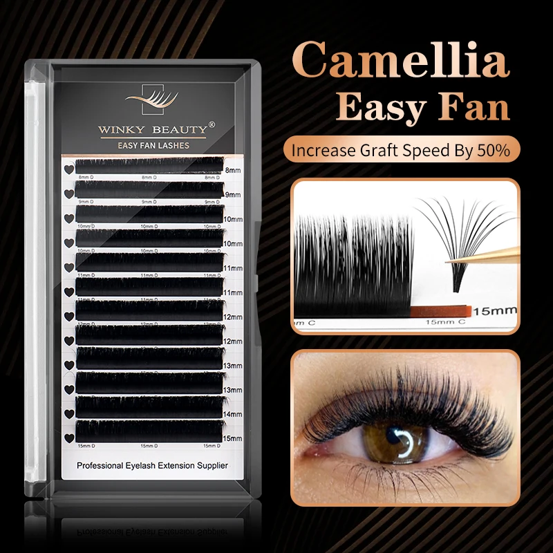 

8mm-25mm Super Natural Camellia Easy Fan Eyelash Extensions Wholesale C D Curve Easy Blooming Mattle Black Camellia False Lashes
